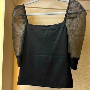 Black Square-neck Sheer Sleeved Top